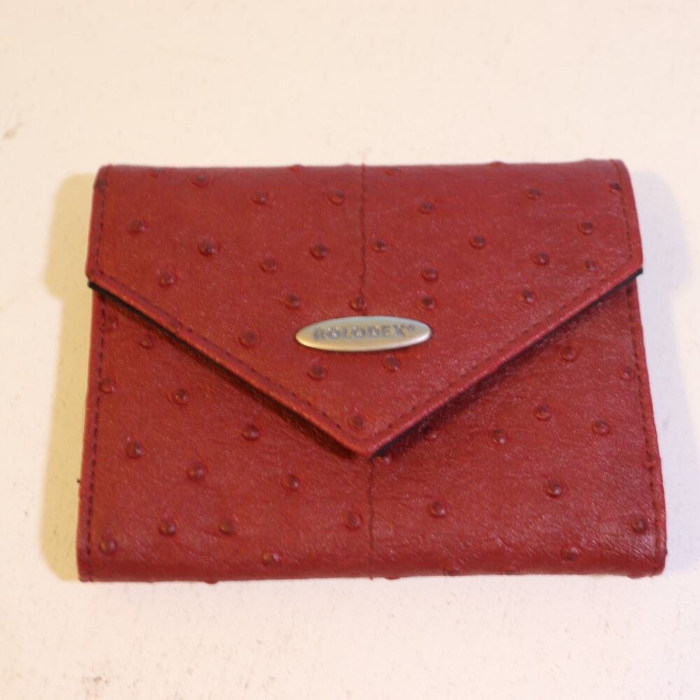 Rolodex Card Wallet Mini Red Faux Ostrich Embossed Leather Envelope Snap Clutch
